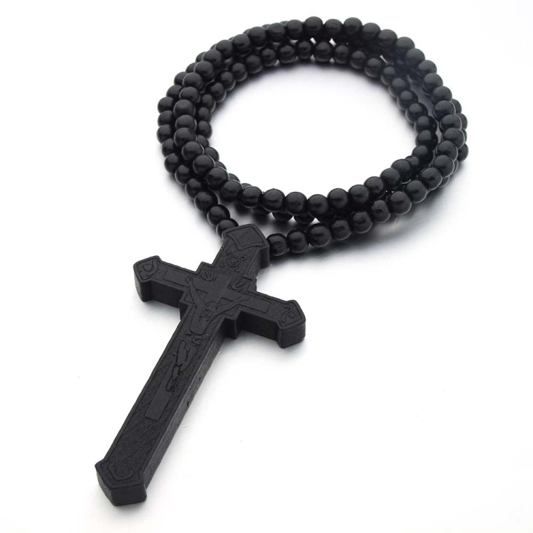 Cross Laser Engraved Wooden Bead Necklace, Color: Black