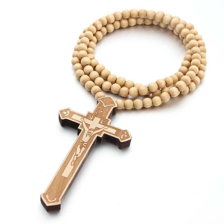 Cross Laser Engraved Wooden Bead Necklace, Color: True Color