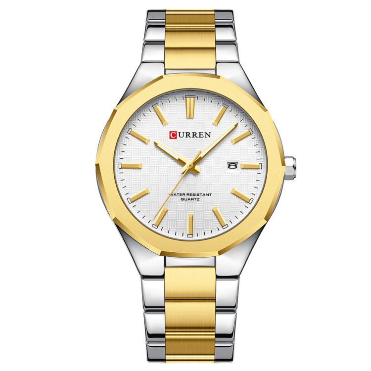 Curren Business Steel Band Calendar Men Quartz Watch(Gold White)