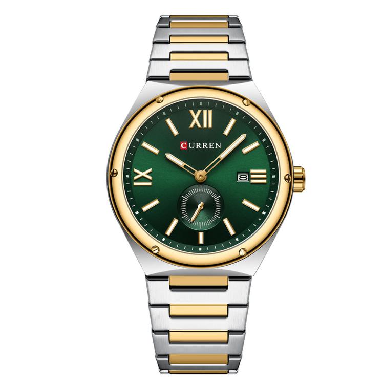 Curren Calendar Steel Strap Casual Men Quartz Watch, Color: Gold Green