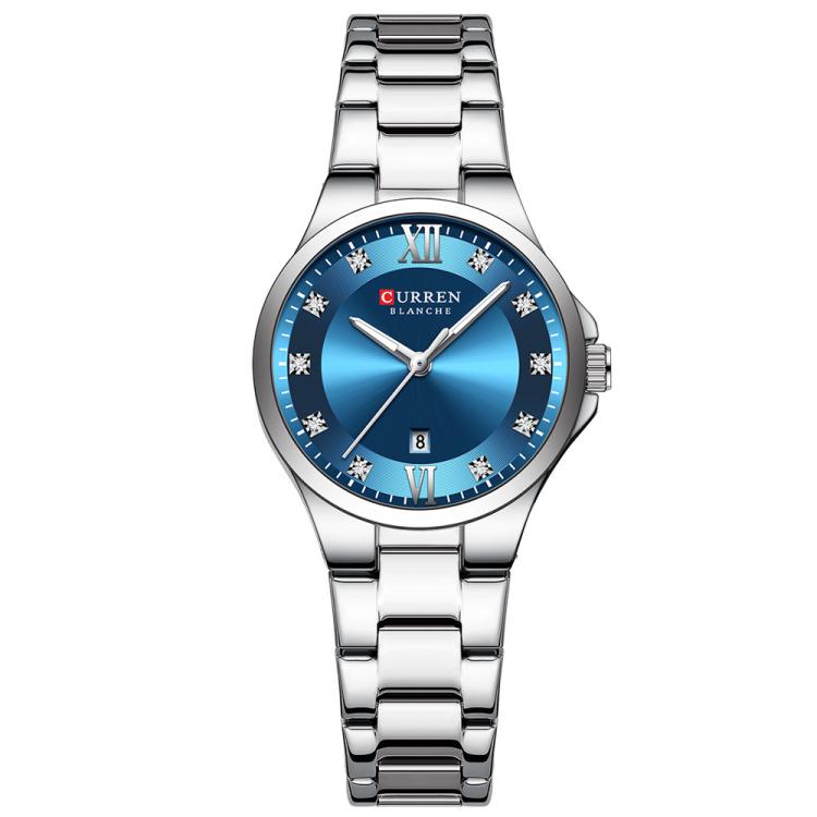 Curren Casual Steel Strap Ladies Calendar Watch(White Case Blue)