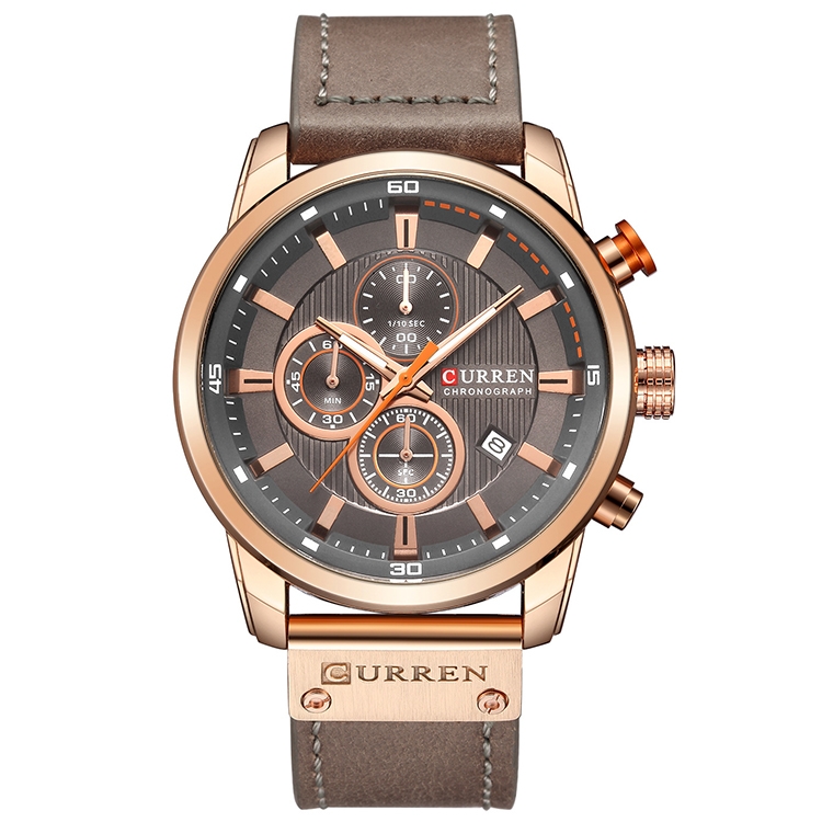 CURREN M8291 Chronograph Watches Casual Leather Watch for Men(Rose case gray face)