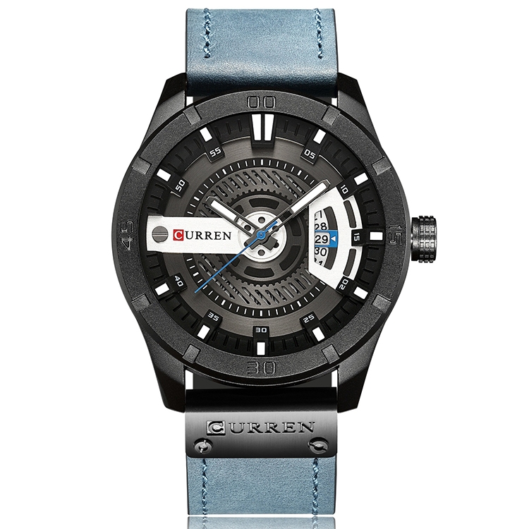 CURREN M8301 Men Military Sports Watch Quartz Date Clock Leather Wristwatch(black case blue)