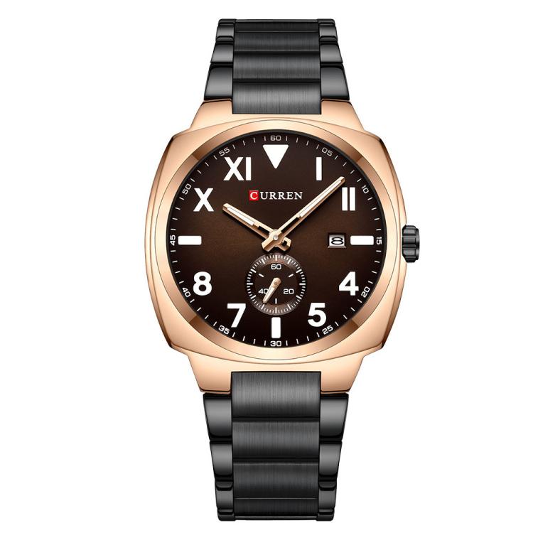 Curren Men Steel Band Calendar Business Quartz Watch(Rose Shell Coffee)