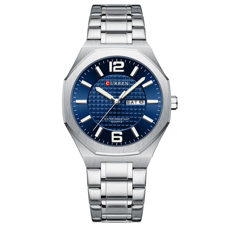 Curren Steel Band Calendar Men'S Business Quartz Watch(White Blue)