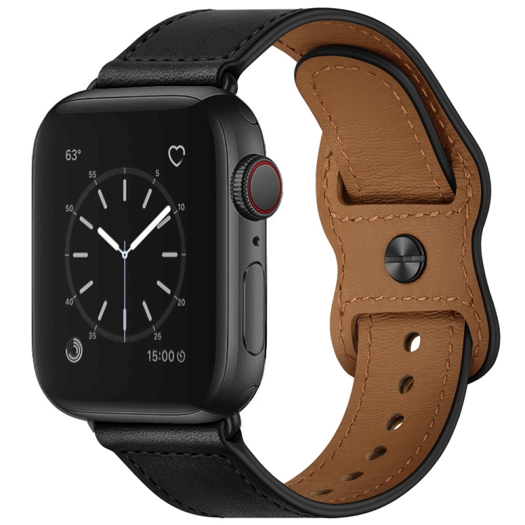 Double Hole Leather Watch Band For Apple Watch Ultra 49mm&Watch Ultra 2 49mm / Series 9&8&7 45mm / SE 3&SE 2&6&SE&5&4 44mm / 3&2&1 42mm(Black)