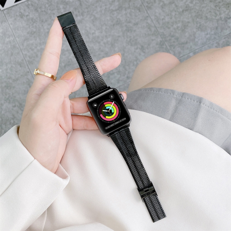 Double Lines Steel Watch Band For Apple Watch Series 7 45mm / 6 & SE & 5 & 4 44mm / 3 & 2 & 1 42mm(Black)