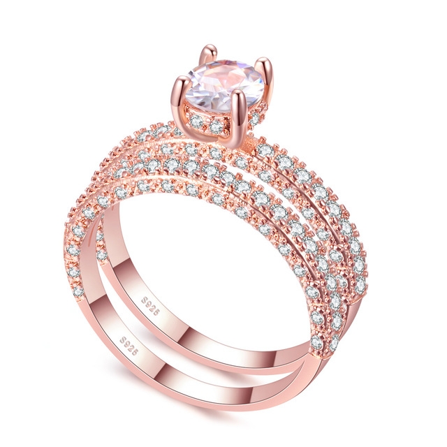 Double Row For Women Fashion Cubic Zirconia Wedding Engagement ring, Ring Size:9(Round Rose Gold)