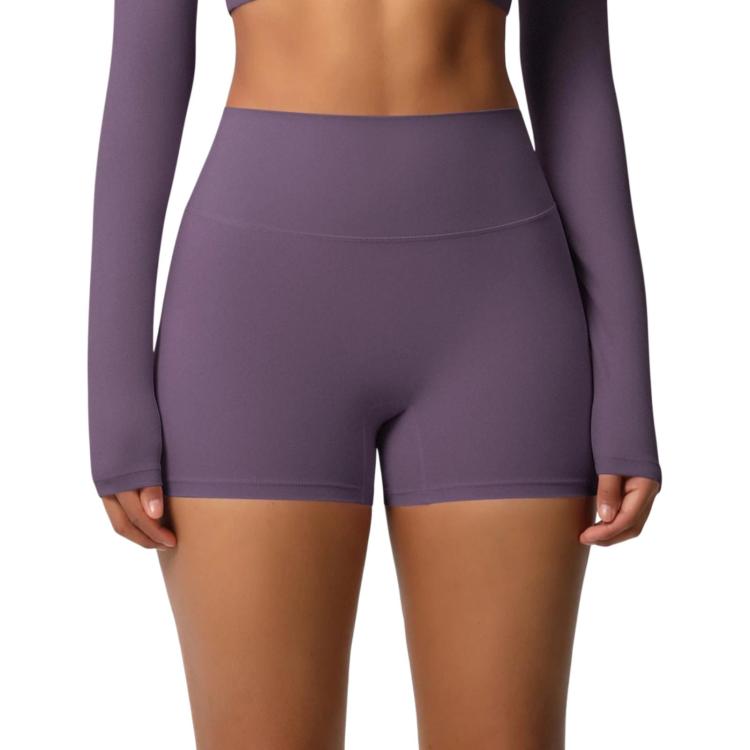 Double-Sided Brushed High-Waisted Tight-Fitting Fitness Yoga Shorts, Size: L(Eggplant Purple)