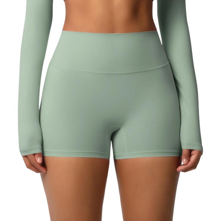 Double-Sided Brushed High-Waisted Tight-Fitting Fitness Yoga Shorts, Size: M(Basil Green)