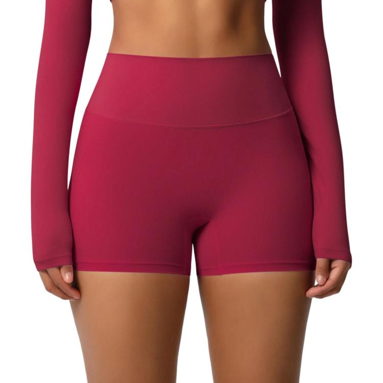 Double-Sided Brushed High-Waisted Tight-Fitting Fitness Yoga Shorts, Size: M(Carmine Red)
