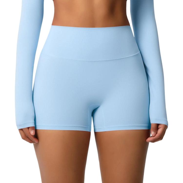 Double-Sided Brushed High-Waisted Tight-Fitting Fitness Yoga Shorts, Size: S(Sky Blue)