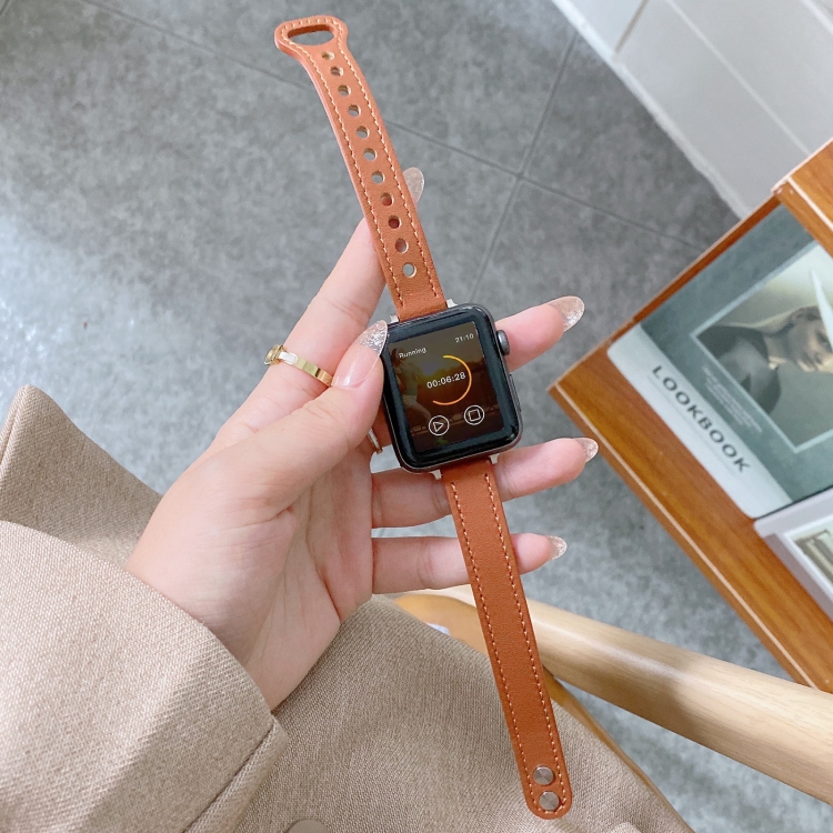 Double Studs Buckle Genuine Leather Watch Band Watch Band For Apple Watch Series 9&8&7 41mm / SE 3&SE 2&6&SE&5&4 40mm / 3&2&1 38mm(Brown)
