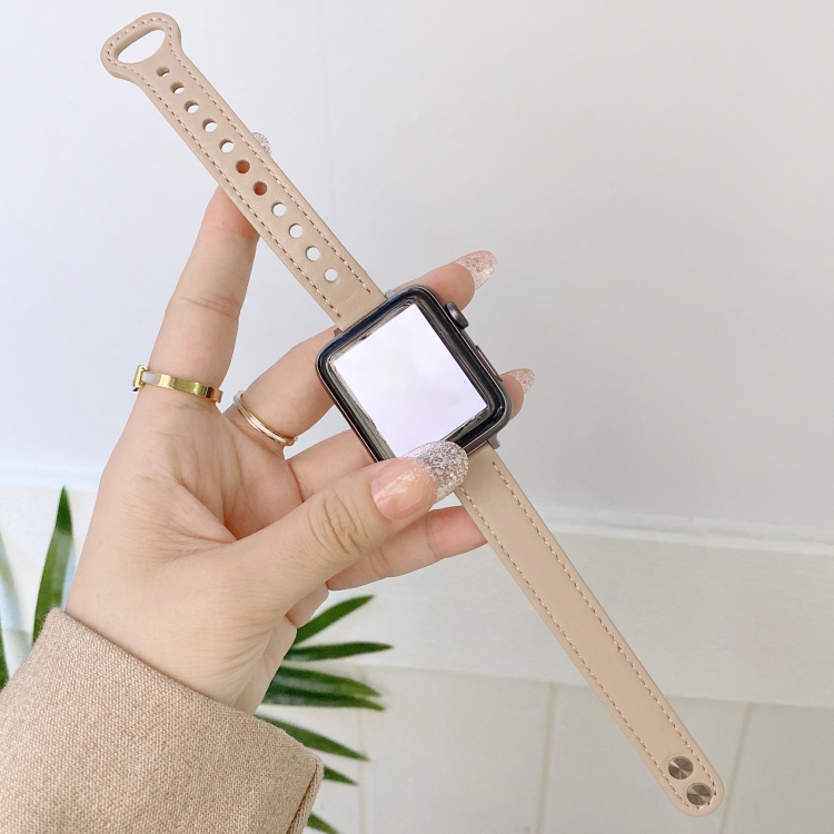 Double Studs Buckle Genuine Leather Watch Band Watch Band For Apple Watch Series 9&8&7 41mm / SE 3&SE 2&6&SE&5&4 40mm / 3&2&1 38mm(Cream)
