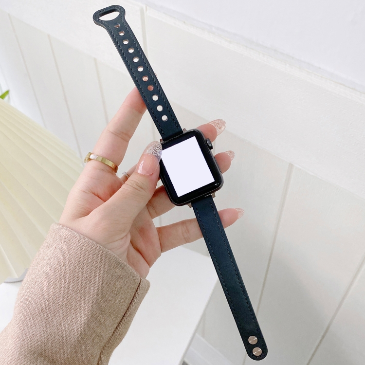 Double Studs Buckle Genuine Leather Watch Band Watch Band For Apple Watch Ultra 49mm&Watch Ultra 2 49mm / Series 9&8&7 45mm / SE 3&SE 2&6&SE&5&4 44mm / 3&2&1 42mm(Dark Blue)