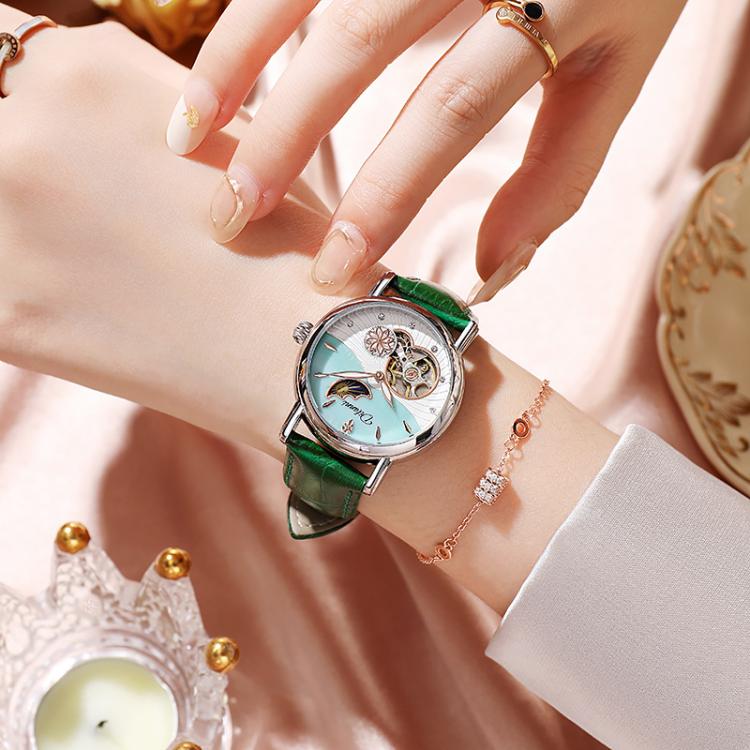 Dulunwe 6023C 30m Waterproof Fully Automatic Mechanical Watch, Color: Natural Leather Green