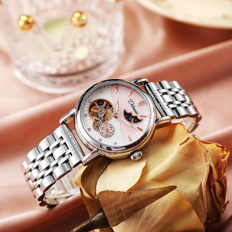 Dulunwe 6023C 30m Waterproof Fully Automatic Mechanical Watch, Color: Natural Steel Strap Pink