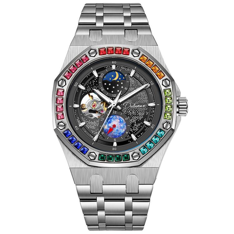 Dulunwe 6030F 30m Waterproof Luminous Mechanical Watch, Color: Steel Strap Black