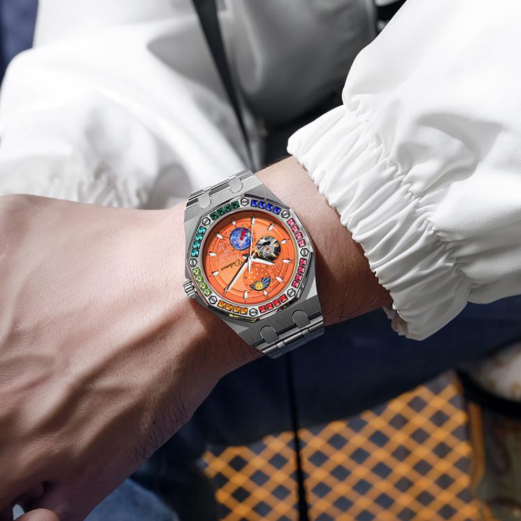 Dulunwe 6030F 30m Waterproof Luminous Mechanical Watch, Color: Steel Strap Orange