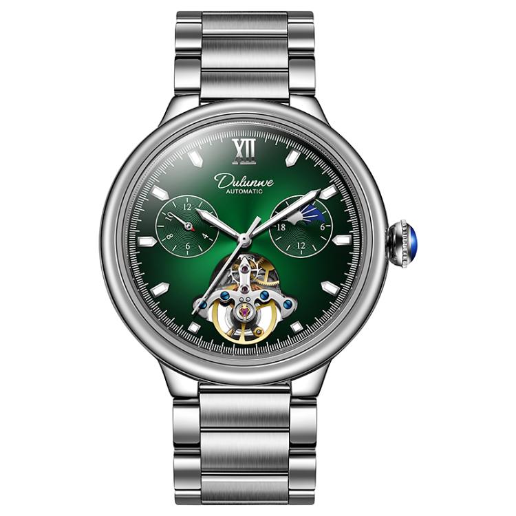 Dulunwe 6049B 30m Waterproof Luminous Flywheel Fully Automatic Mechanical Watch(Green Steel Strap)