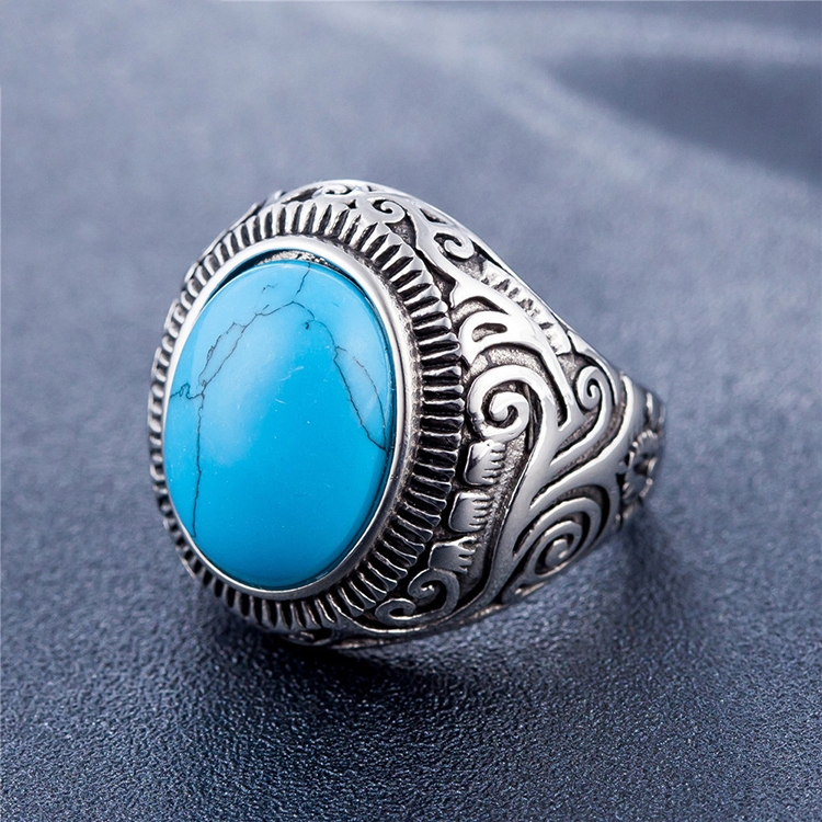 Europe and America Style Retro Gemstone Turquoise Men Titanium Steel Ring, Size: 12, Diameter: 21.5mm, Perimeter: 67.5mm(Blue)