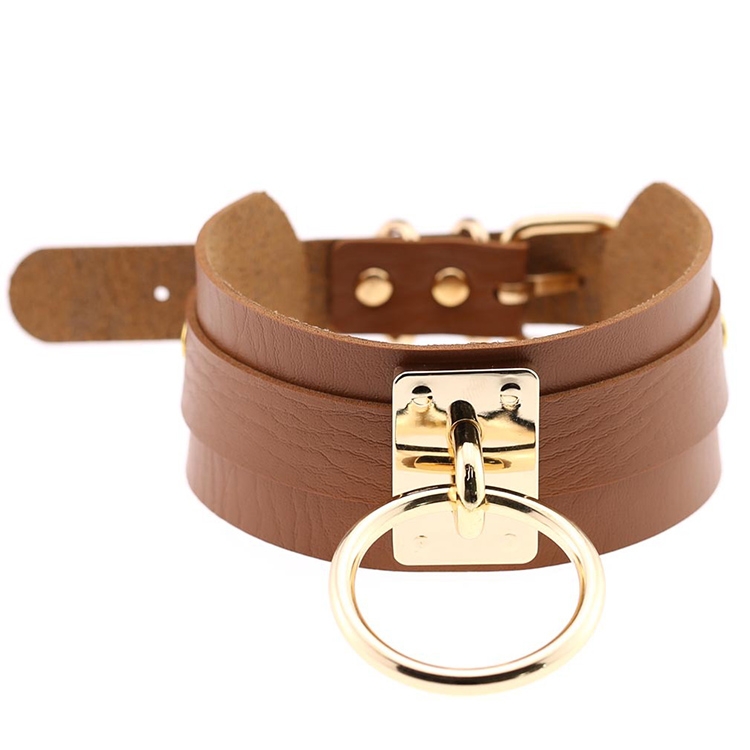 European and American Harajuku PU Leather Gold Single Ring Collar Wide Street-Snap Nightclub O-shaped Choker Necklace(Brown)