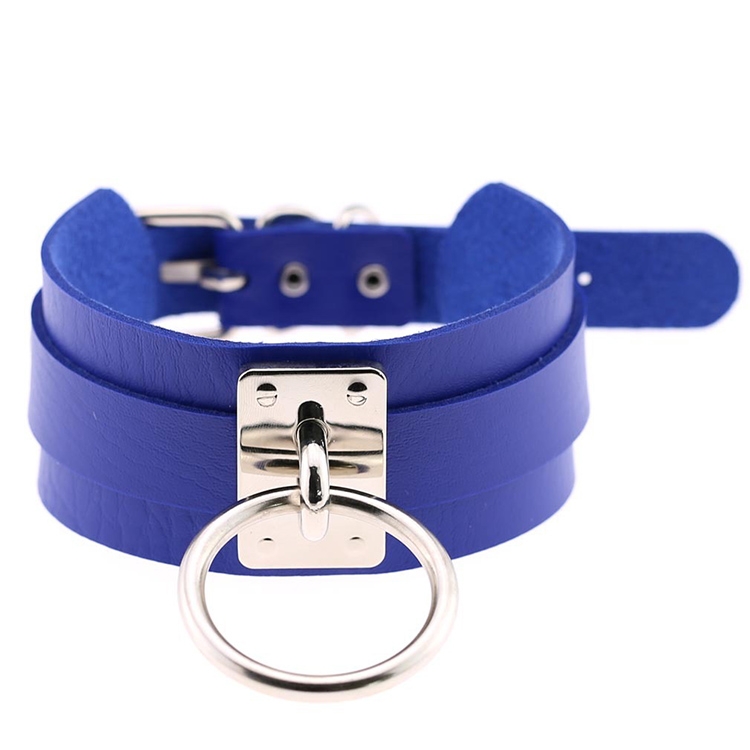 European and American Harajuku PU Leather Silver Single Ring Collar Wide Street-Snap Nightclub O-shaped Choker Necklace(Blue)