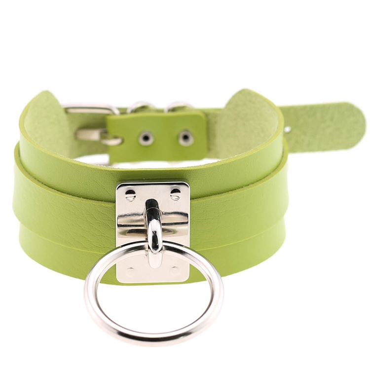 European and American Harajuku PU Leather Silver Single Ring Collar Wide Street-Snap Nightclub O-shaped Choker Necklace(Green)