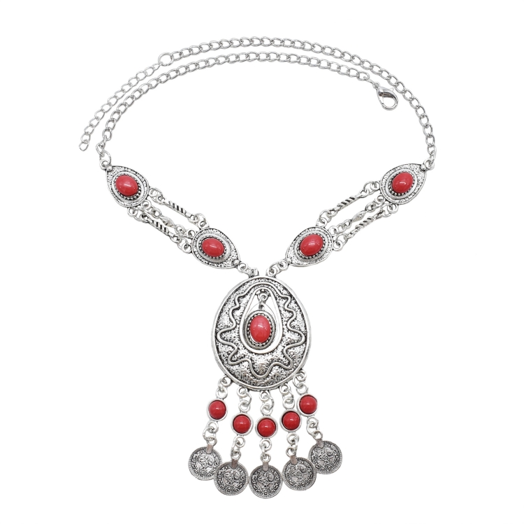 Exaggerated Necklace Tassel Vintage Female Alloy Plated Collarbone Chain, Color: Red