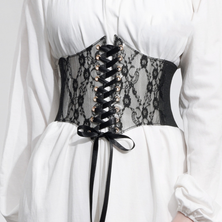 Extra-Wided Lace Decorative Dress shirt Stretch Elastic Tied Belt(Black)