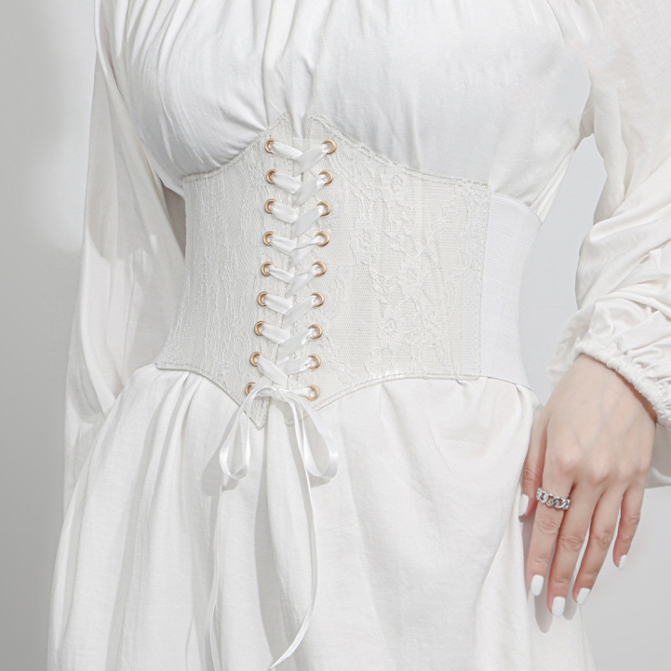 Extra-Wided Lace Decorative Dress shirt Stretch Elastic Tied Belt(White)