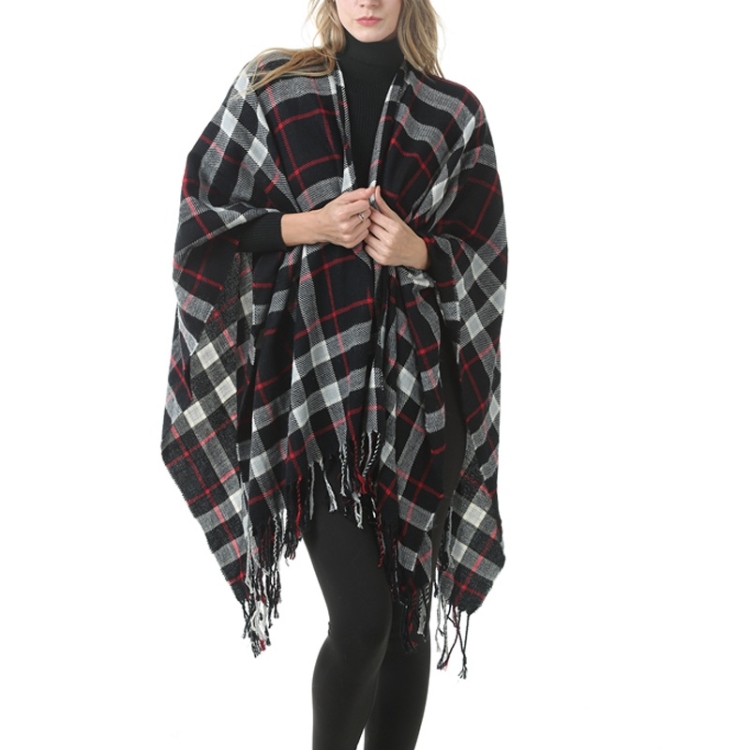 Fashion Classic Split Plaid Shawl Fringed Thickening Imitation Cashmere Cloak (P394)
