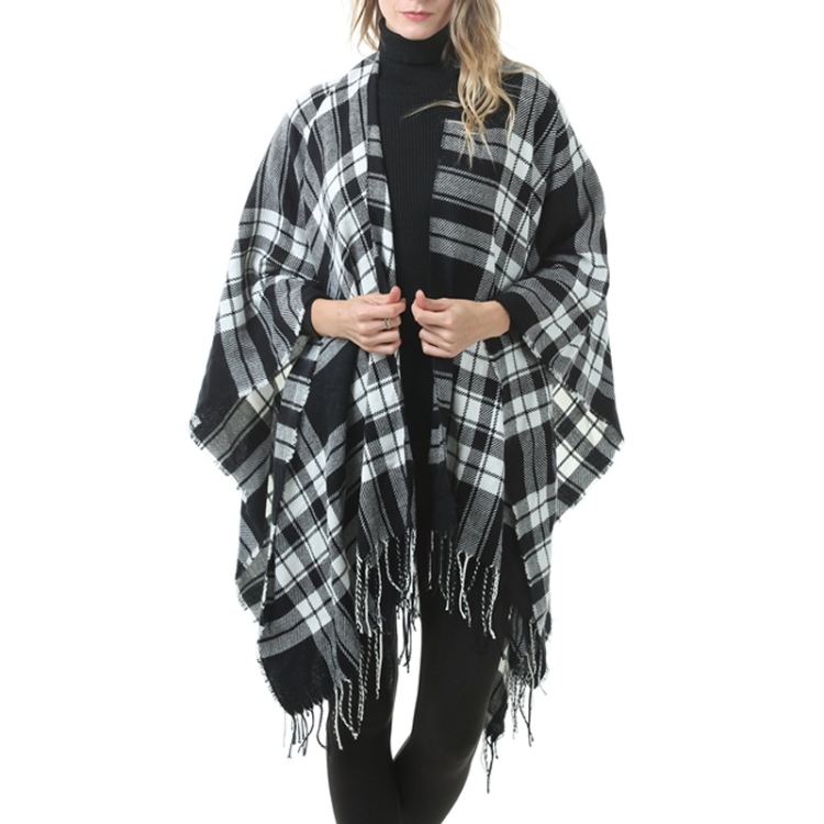 Fashion Classic Split Plaid Shawl Fringed Thickening Imitation Cashmere Cloak (P727)