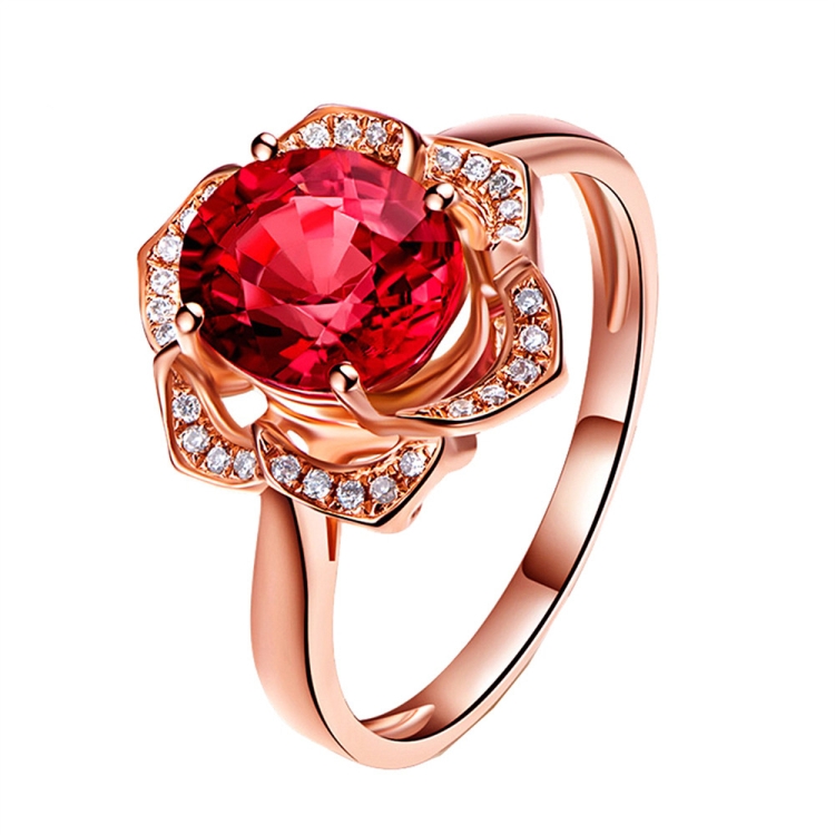 Fashion Red Tourmaline Rose Gold Flower Shape Women Ring, Ring Size:8