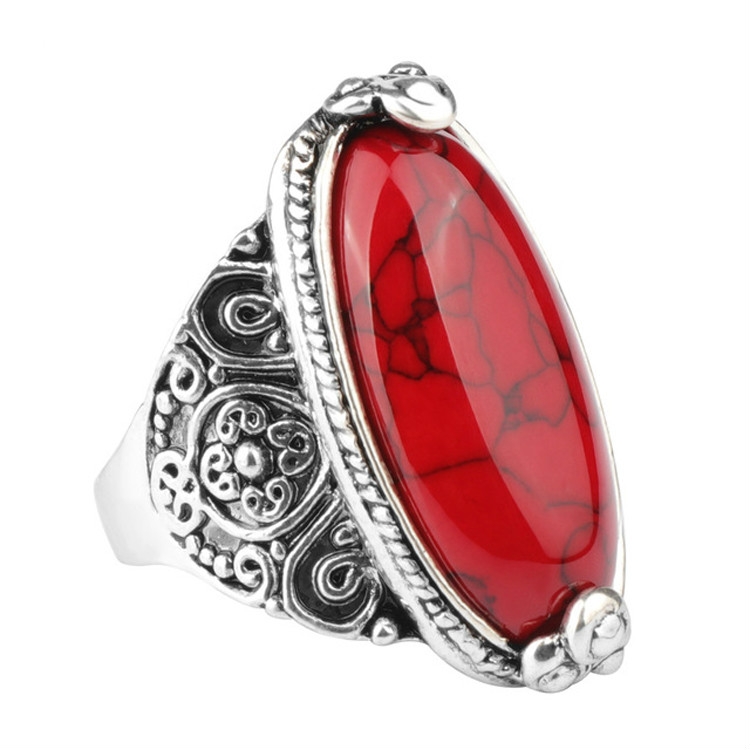 Fashion Vintage Oval Turquoise Flower Ring Women Antique Silver Jewelry, Ring Size:10(Red)