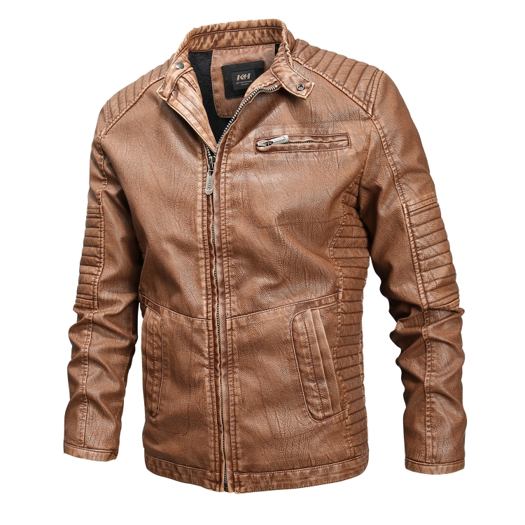 Fashionable Men Leather Jacket (Color:Khaki Size:XXL)