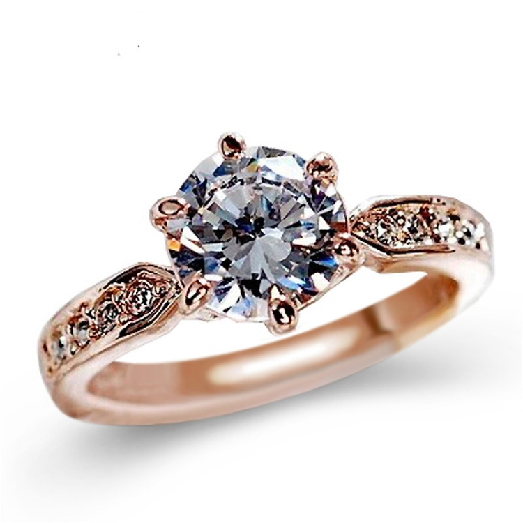 Female Classic Crystal Six-Claw Diamond Ring Wedding Ring, Ring Size:10(Rose Gold)