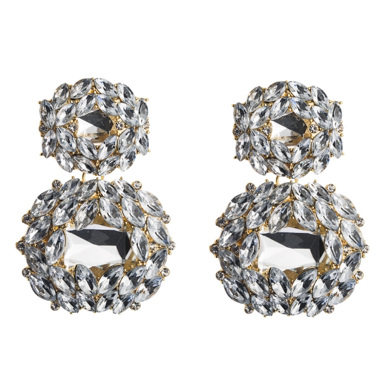 Female Earrings Exaggerated Alloy Geometric Glass Diamond Earrings(White)