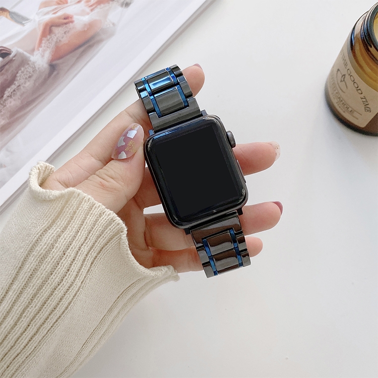 Five Beads Ceramic Steel Watch Band For Apple Watch Series 9&8&7 41mm / SE 3&SE 2&6&SE&5&4 40mm / 3&2&1 38mm(Black + Blue)