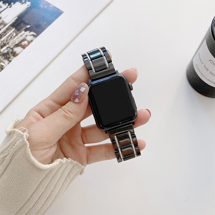 Five Beads Ceramic Steel Watch Band For Apple Watch Series 9&8&7 41mm / SE 3&SE 2&6&SE&5&4 40mm / 3&2&1 38mm(Black + Gray)