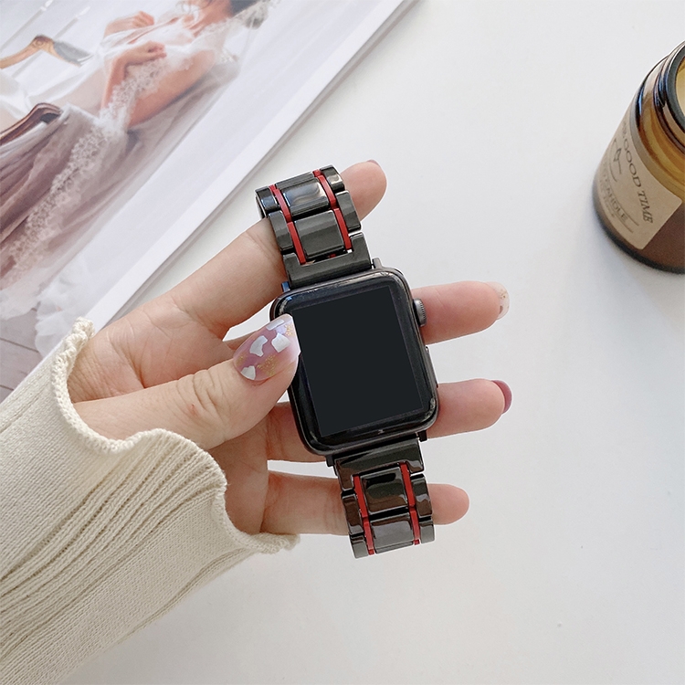 Five Beads Ceramic Steel Watch Band For Apple Watch Series 9&8&7 41mm / SE 3&SE 2&6&SE&5&4 40mm / 3&2&1 38mm(Black + Red)