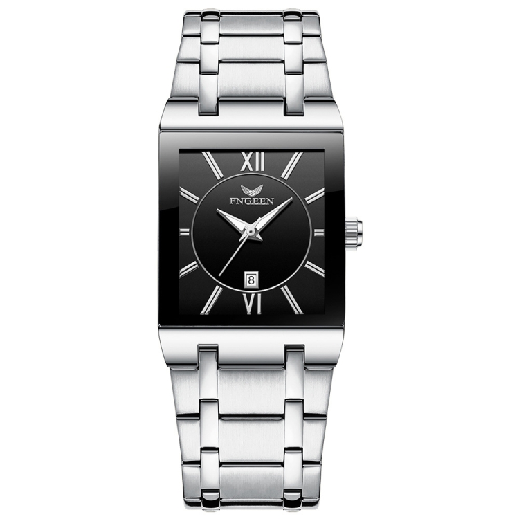 FNGEEN 3627 Waterproof Calendar Men Square Watch(White Steel Black Surface)
