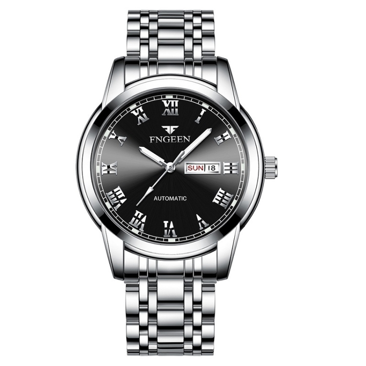 FNGEEN 4002 Men Roman Numeral Dial Sports Watch Student Luminous Quartz Watch(White Steel Black Surface)