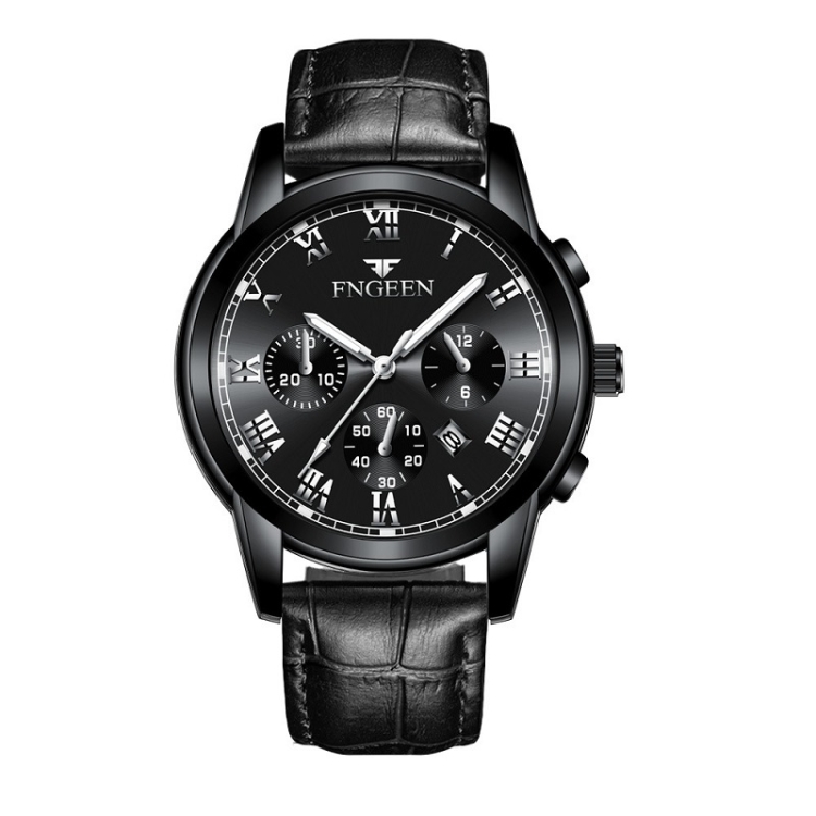 FNGEEN 4006 Men Trendy Waterproof Quartz Watch(Black Leather Black Steel Black Surface)