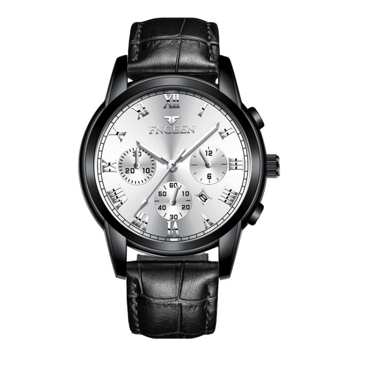 FNGEEN 4006 Men Trendy Waterproof Quartz Watch(Black Leather Black Steel White Surface)