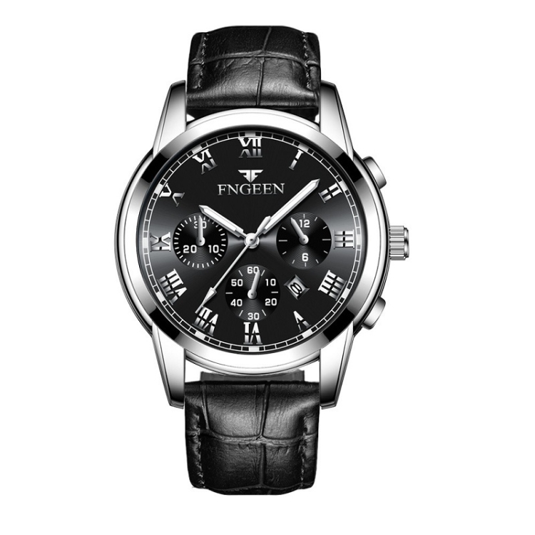 FNGEEN 4006 Men Trendy Waterproof Quartz Watch(Black Leather White Steel Black Surface)
