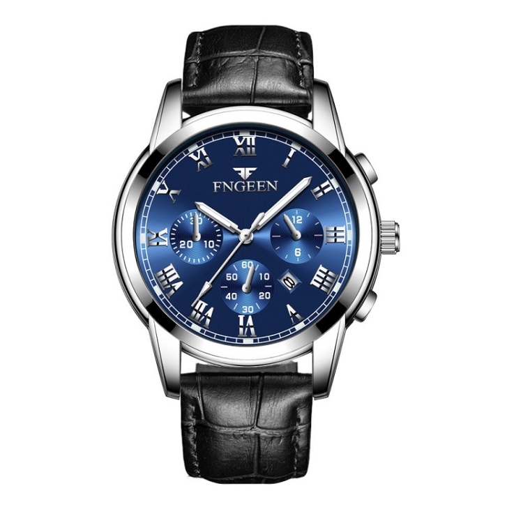 FNGEEN 4006 Men Trendy Waterproof Quartz Watch(Black Leather White Steel Blue Surface)