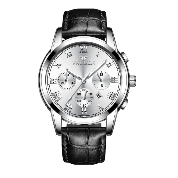 FNGEEN 4006 Men Trendy Waterproof Quartz Watch(Black Leather White Steel White Surface)