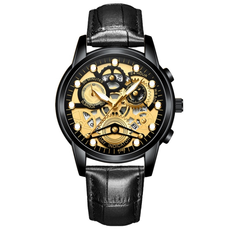 FNGEEN 4088 Men Hollow Quartz Watch Student Waterproof Luminous Watch(All Black Surface Gold Nails)