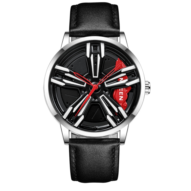 FNGEEN L001 Motorcycle Element Wheel Metal Men Watch(Black Leather White Steel Red Surface)